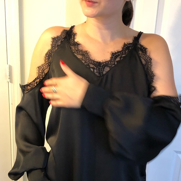 Black satin off the shoulder top - Picture 3 of 7